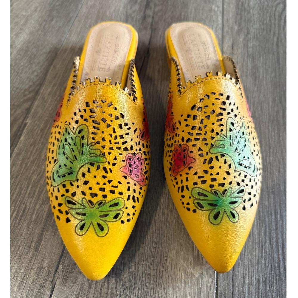 L'Artiste Spring Step Yellow Leather Butterfly Laser Cut Mules Shoes Womens 37 - Picture 2 of 7